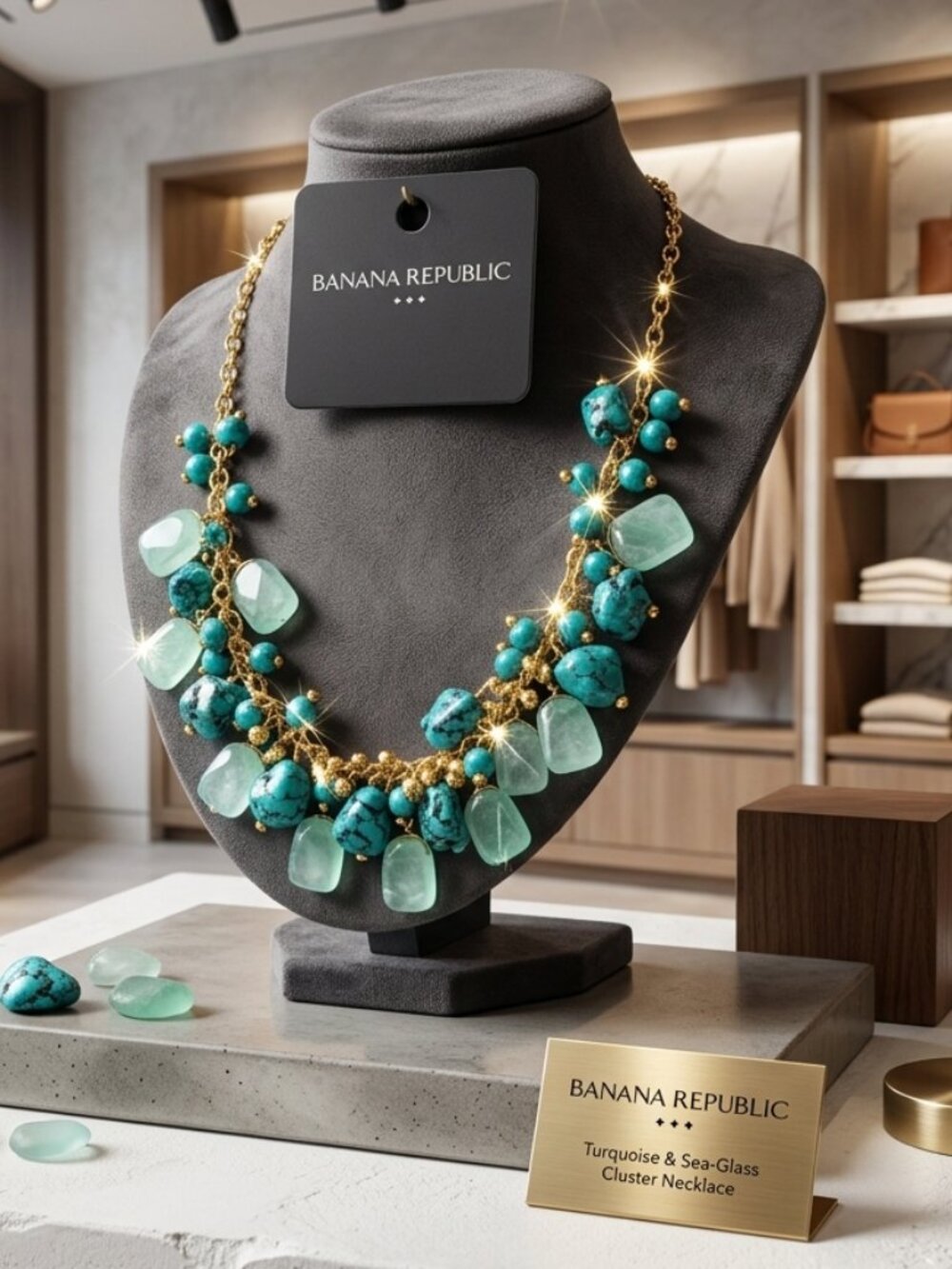 Banana Republic Multi Strand Clustered Turquoise Glass Stones W/ Beads Necklace